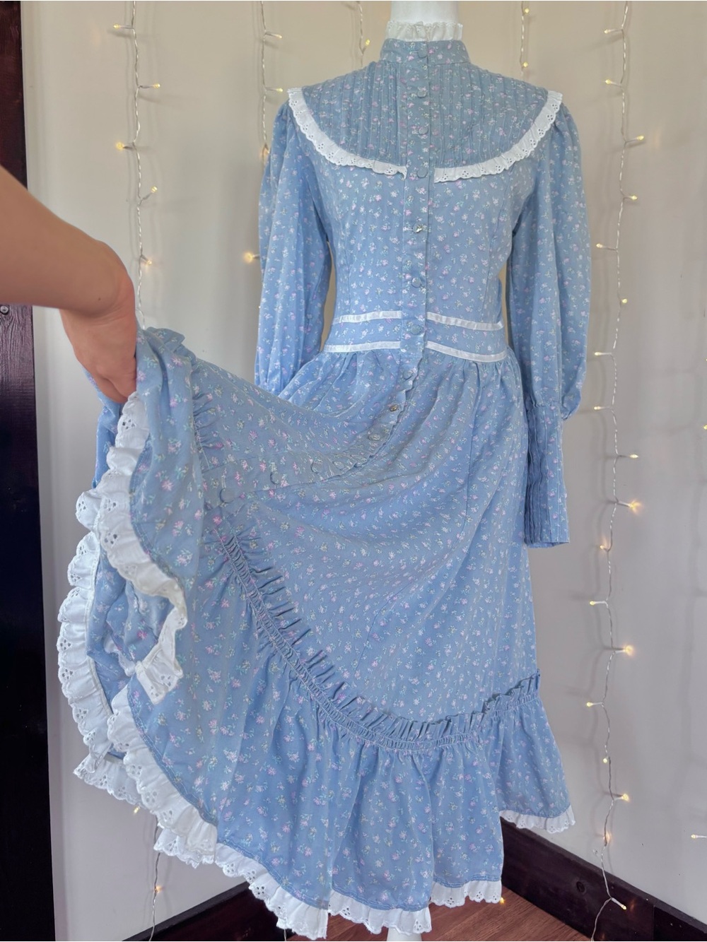 Blue Floral Ruffle Long-Sleeve Kids Dress with Lace Trim